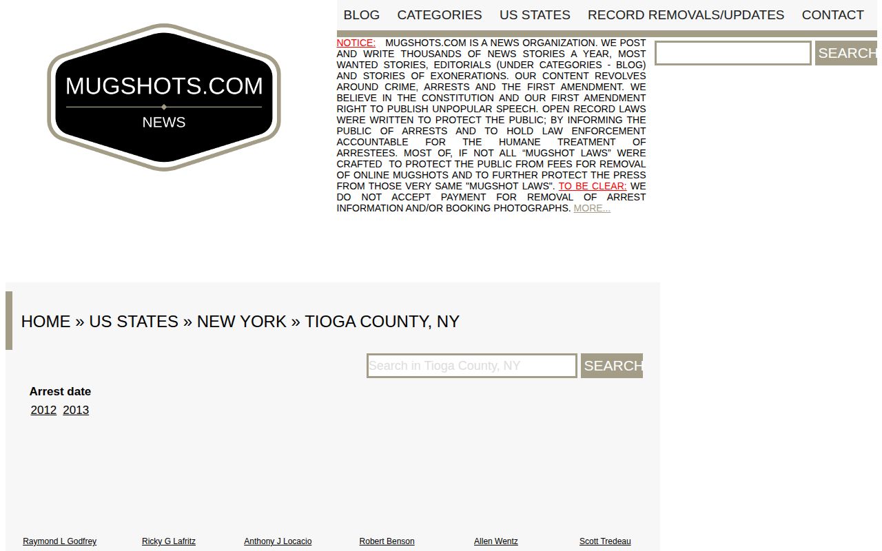 Tioga County historical third-party mugshot index requiring source and disposition checks