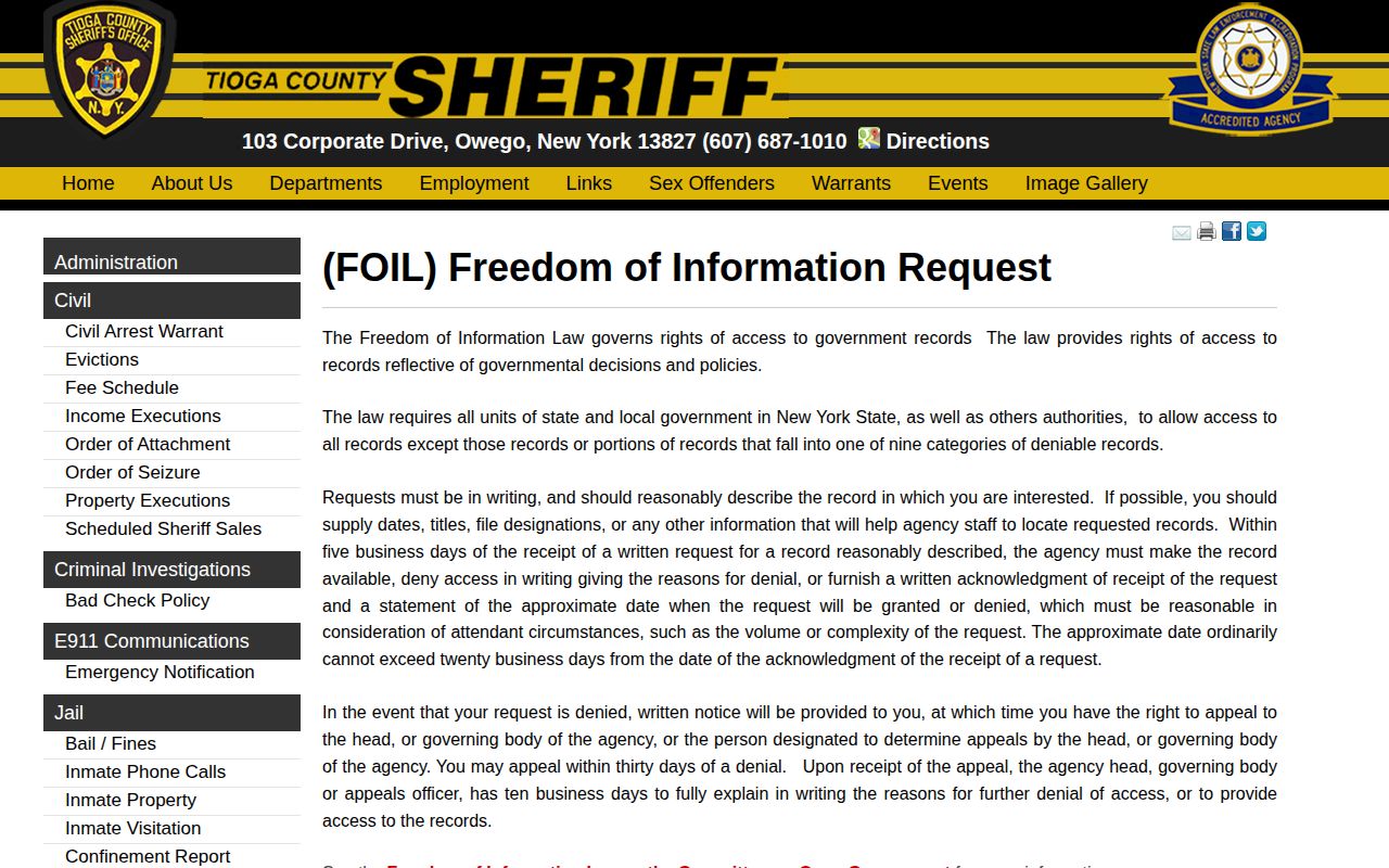 Tioga County Sheriff FOIL booking-record request information