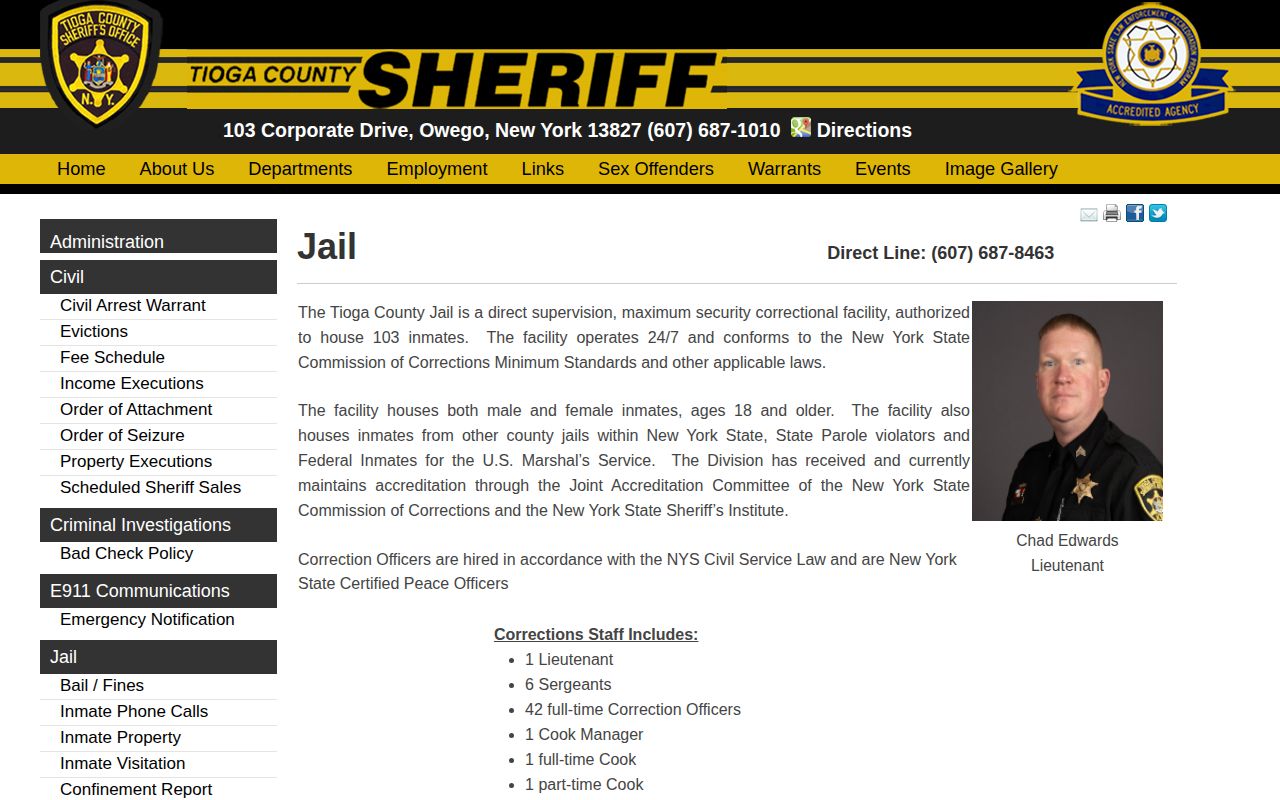 Tioga County Jail corrections information and in-custody record limitation