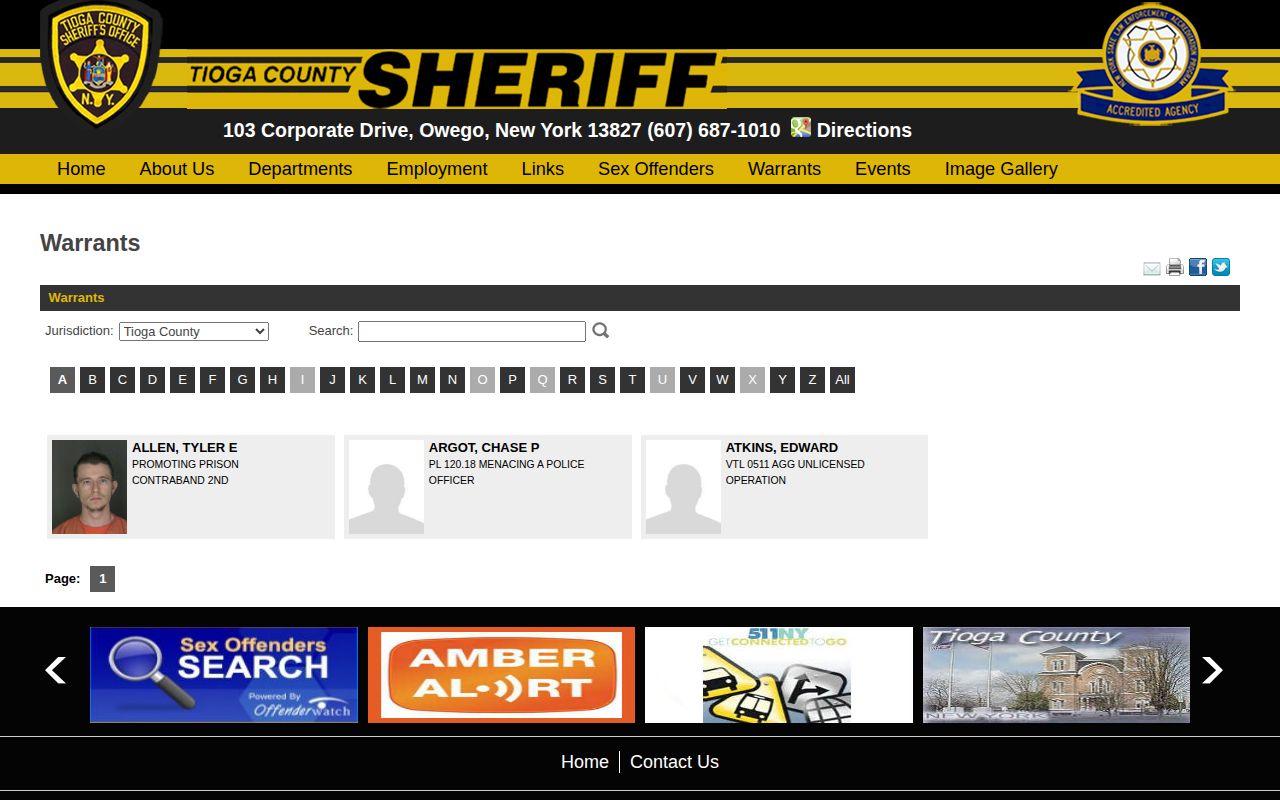 Tioga County Sheriff official warrant search for most wanted records