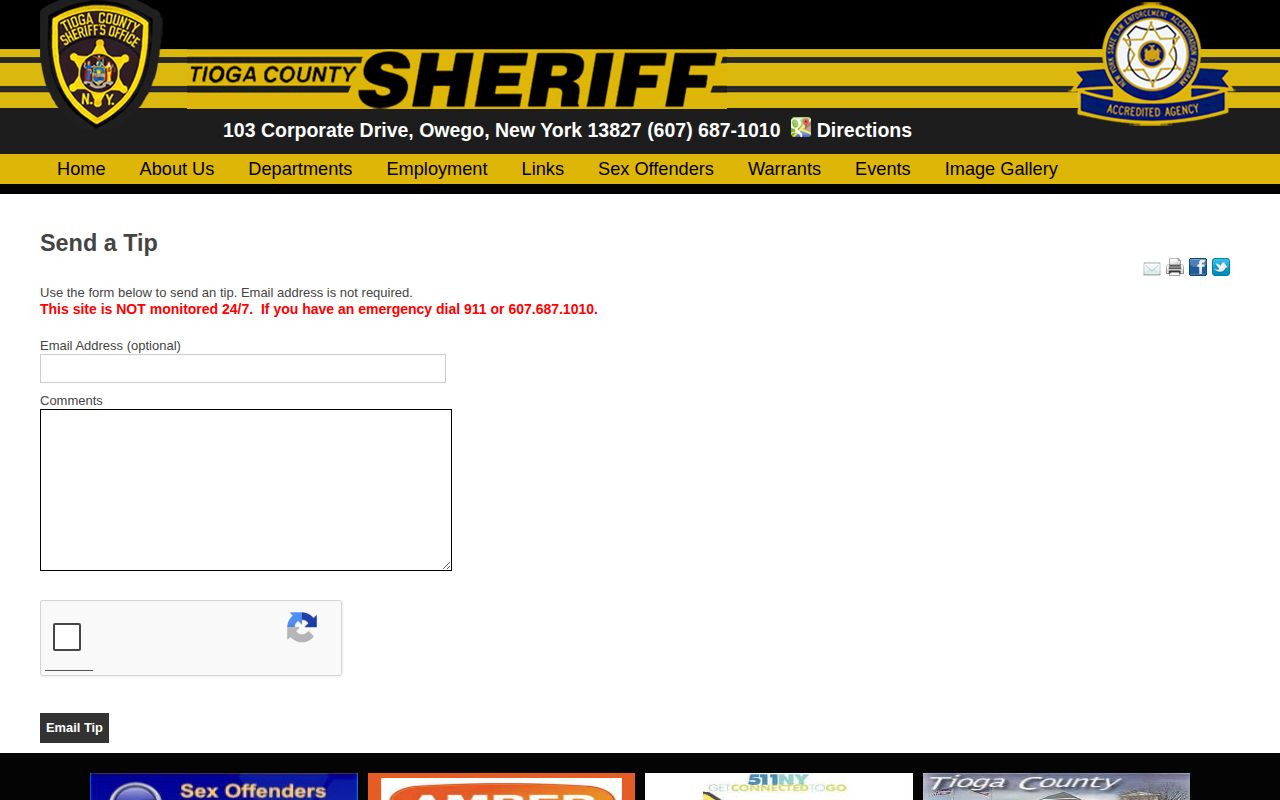 Tioga County Sheriff Send a Tip page for warrant information